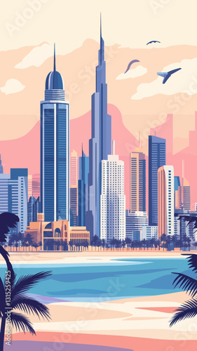 Vintage Dubai Skyline Poster with Abstract Landmarks and Beach Cityscape Illustration