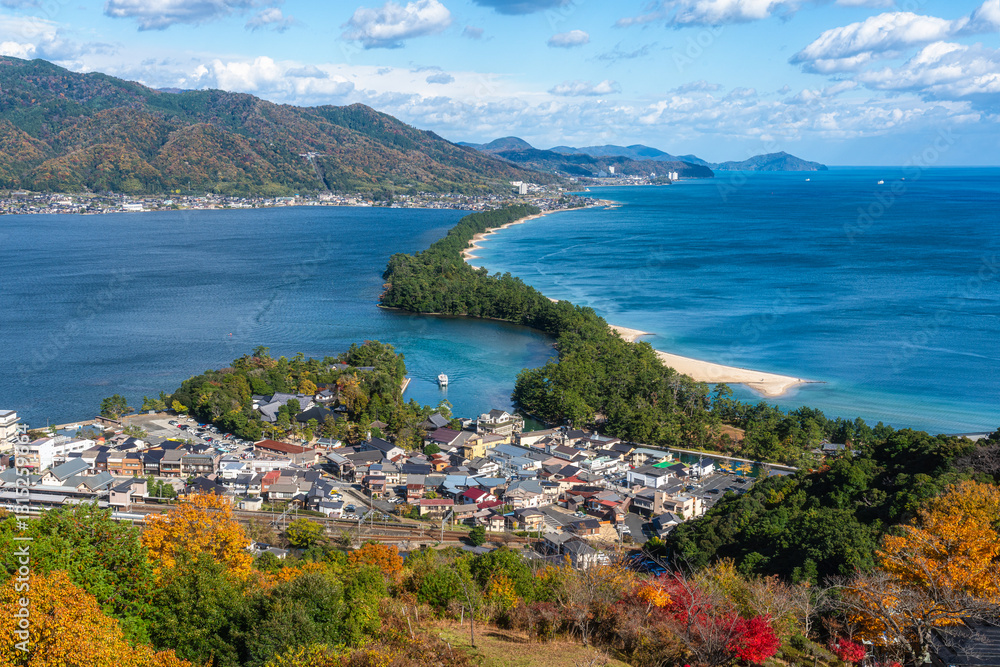 Stunning panoramic view in Amanohashidate during fall season. Monju, Miyazu, Kyoto, Japan. Stunning panoramic view in Amanohashidate during fall season. Monju, Miyazu, Kyoto, Japan.