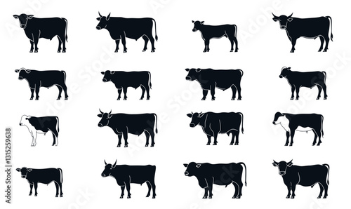 Farm Livestock Cow Illustrations: Pictogram Set of Milk Cows, Calves, and Bulls for Agriculture Themes