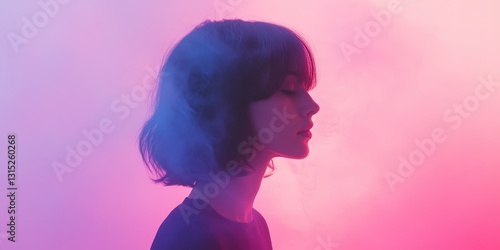 Dreamy luminescence, Profile of pensive woman in vibrant neon glow