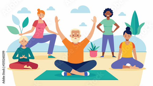 An inclusive yoga class with students of all ages led by a senior instructor who encourages everyone to move at their own pace and modify poses to their abilities.. Vector illustration