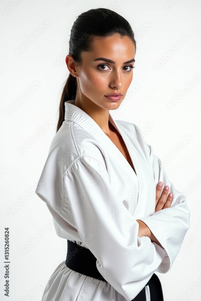 Confident Woman in Karate Gi with Arms Crossed Against White Background Confident Woman in Karate Gi with Arms Crossed Against White Background