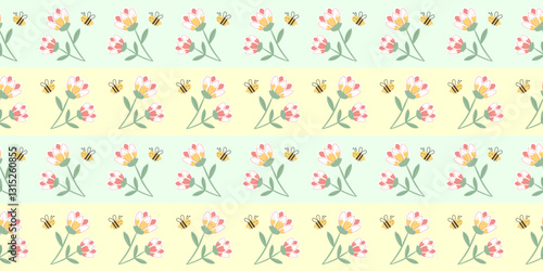 Vector seamless pattern with delicate flowers and cute bees on pastel background. Symmetrical design in soft tones of green, pink and yellow, perfect for textiles, packaging and backgrounds