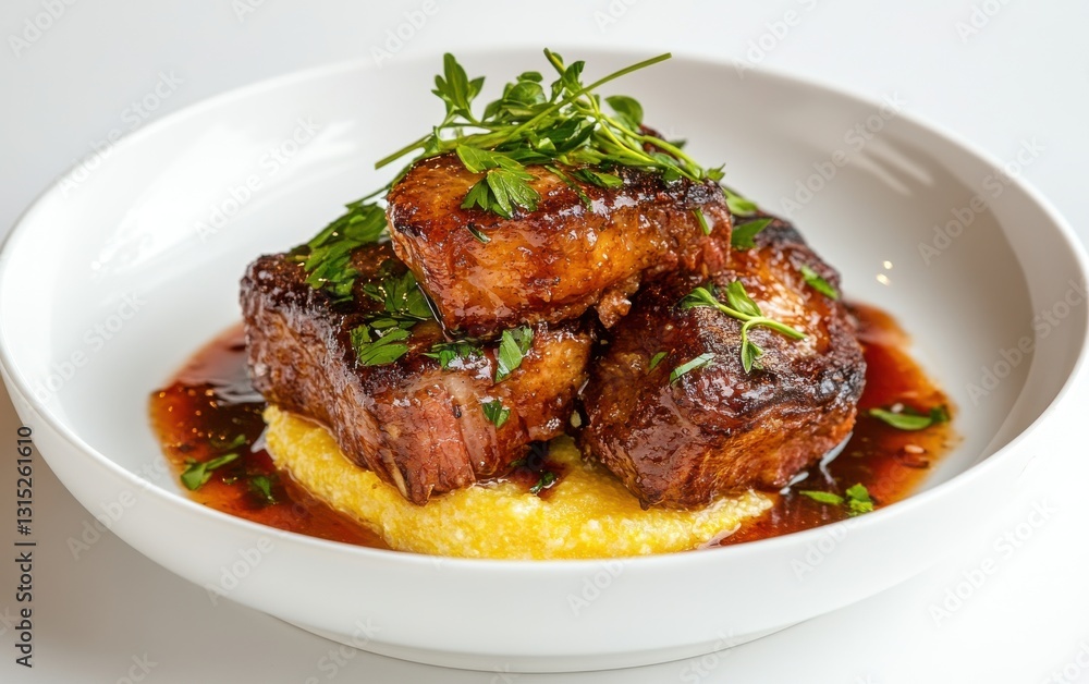 Braised short ribs served over creamy polenta with fresh herbs on a white plate Braised short ribs served over creamy polenta with fresh herbs on a white plate
