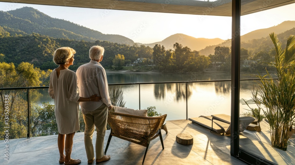 Fototapeta premium Serene Couple Enjoying Sunrise View from Modern Home Balcony