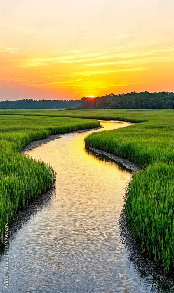 Naklejka premium Serene Sunrise Over Winding Creek in Marsh