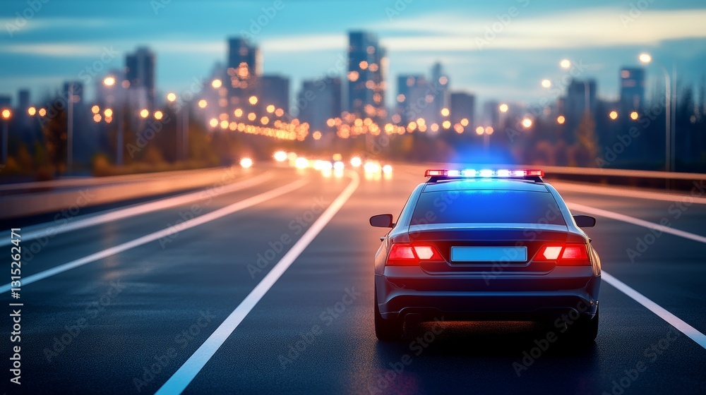 As night falls, a little police car drives through a vivid, light-filled city street, surrounded by lively buildings and soft, shimmering bokeh lights As night falls, a little police car drives through a vivid, light-filled city street, surrounded by lively buildings and soft, shimmering bokeh lights
