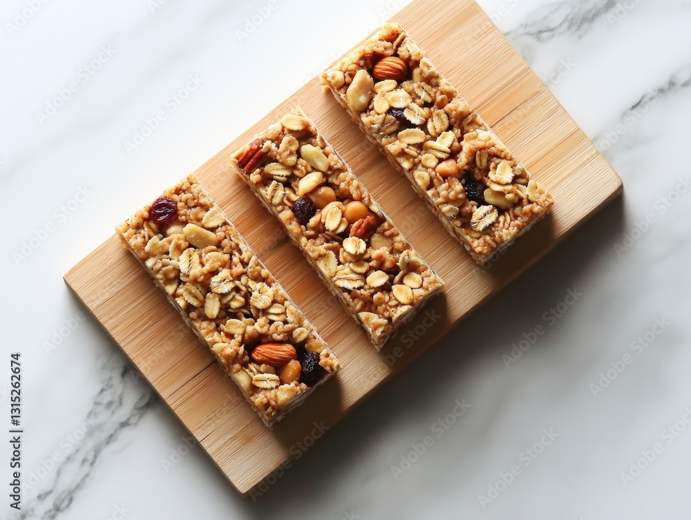 Three bars of grano granola stacked together on a bright cutting board in a cozy kitchen setting Three bars of grano granola stacked together on a bright cutting board in a cozy kitchen setting