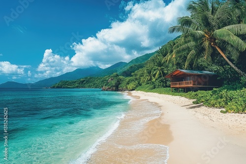 Serene tropical beach with a wooden bungalow  turquoise water  and lush greenery under a sunny sky.