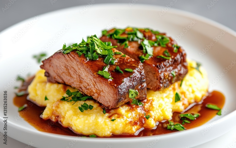 Tender braised short ribs served on creamy polenta with fresh herbs and flavorful sauce Tender braised short ribs served on creamy polenta with fresh herbs and flavorful sauce