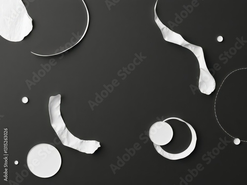 Abstract shapes, swirling lines, textured paper on black backdrop, modern, mystery, paper