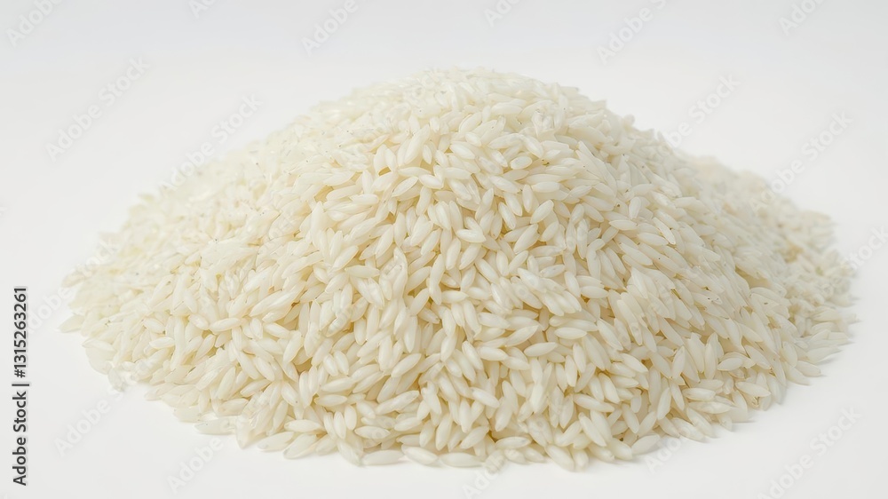 A mound of long-grain rice, uncooked, pale ivory color, natural, rice grains A mound of long-grain rice, uncooked, pale ivory color, natural, rice grains