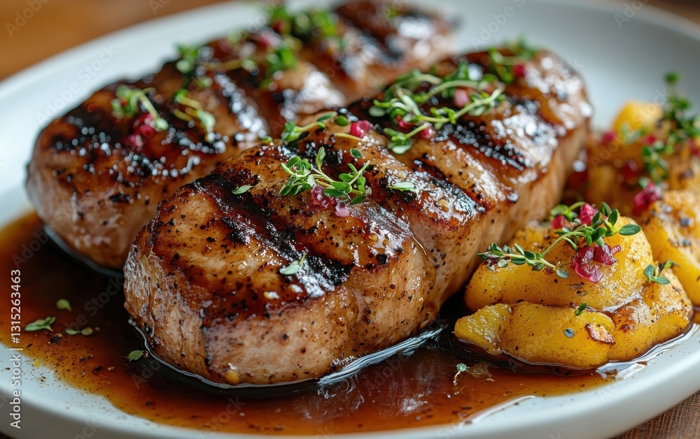 Cider-glazed pork tenderloin with spiced peaches served with fresh thyme and peppercorn garnish Cider-glazed pork tenderloin with spiced peaches served with fresh thyme and peppercorn garnish