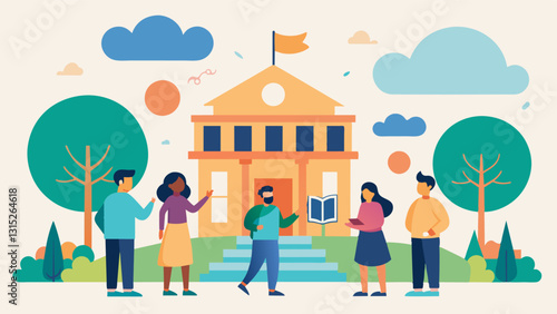 Passing by the local library the guide explains its role as a gathering place for community members throughout the years.. Vector illustration