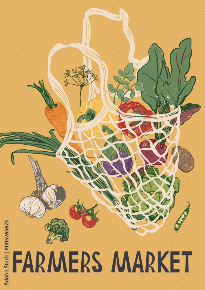 custom made wallpaper toronto digitalVector vegetable poster of carrot and tomato in string bag. Hand-drawn garden harvest sketch. Tasty food illustration for restaurant and cafe interior, veggie market drawing print, fabric, background.
