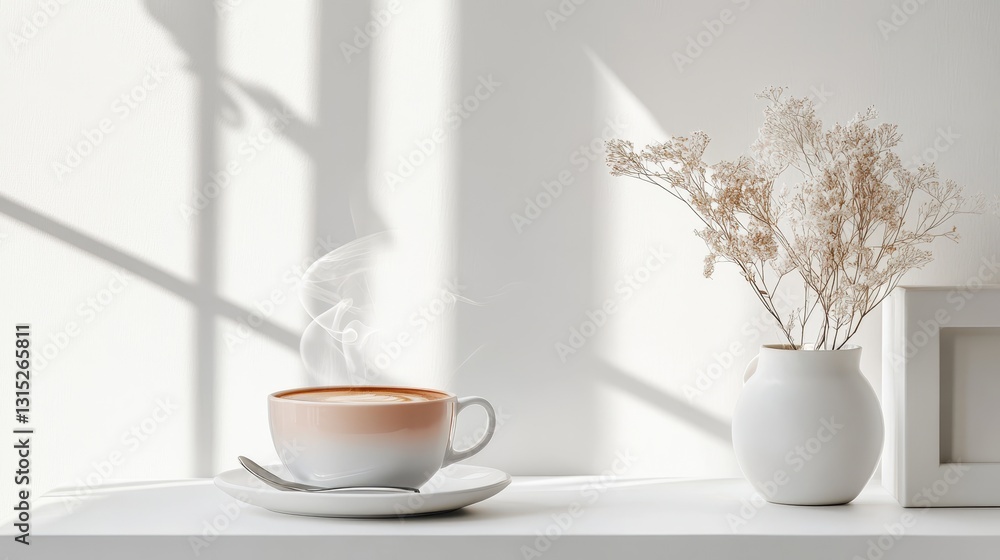 A cup of steaming hot coffee with a saucer and spoon, placed on a white table A cup of steaming hot coffee with a saucer and spoon, placed on a white table