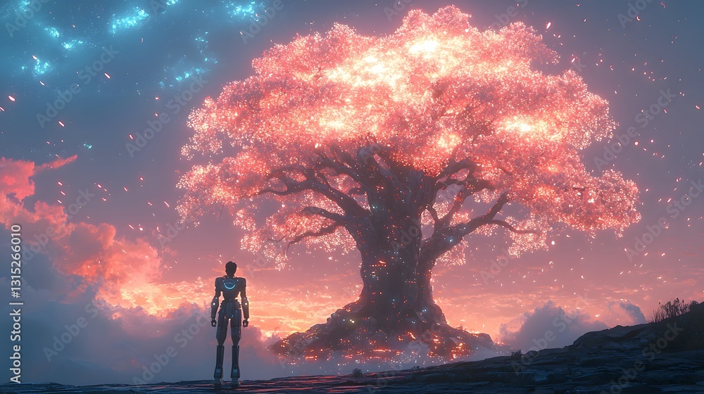 Fototapeta premium Robot Standing in Front of a Giant Glowing Tree Under Colorful Sky