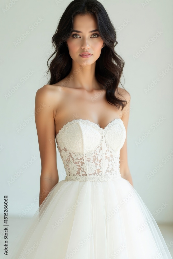 Woman in White Wedding Dress Posing with Graceful Attitude in Studio Woman in White Wedding Dress Posing with Graceful Attitude in Studio