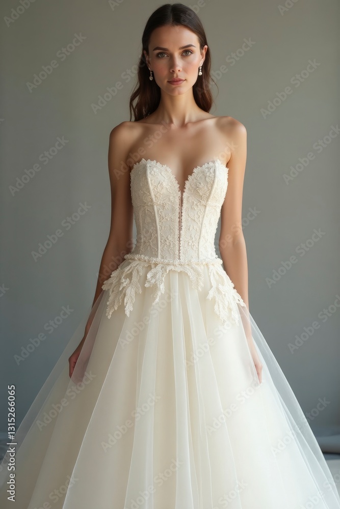 Fototapeta premium Elegant Woman Wearing Beautiful Wedding Dress with Lace and Tulle