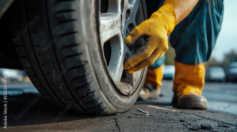 Fototapeta premium Mechanic Fixing a Flat Tire Punctured by Nail or Screw: Car Maintenance and Repair Concept