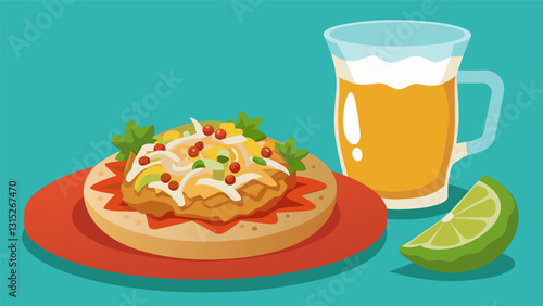 Tostadas covered in shredded chicken and drizzled with zesty salsa accompanied by a tall pitcher of tangy Agua de Jamaica.. Vector illustration