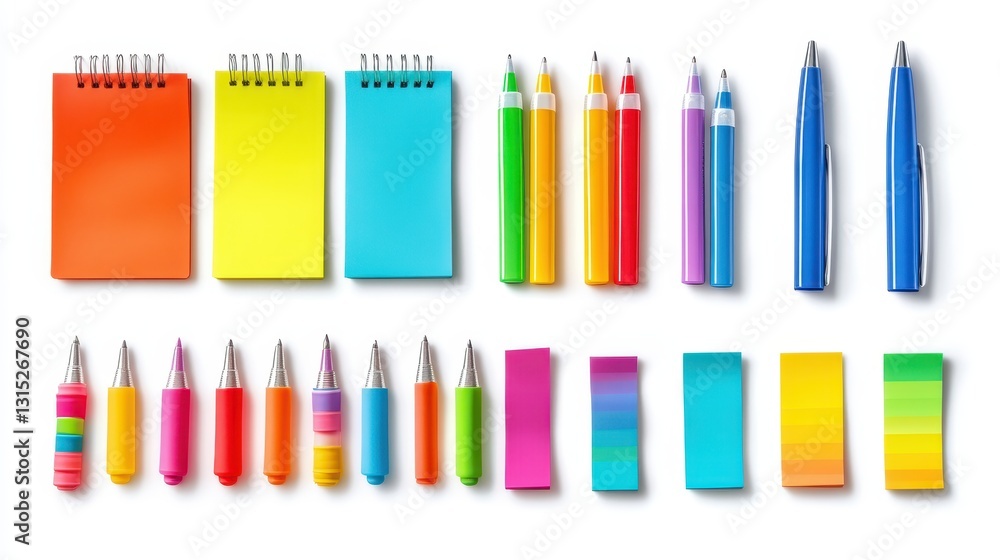 Obraz premium A set of colorful sticky notes and pens, arranged neatly on a desk, on a white isolated background