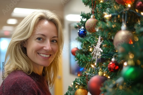 Vibrant Office Christmas Tree: Festive Decor Brings Joy to Workplace with Woman Enjoying the Cheerful Atmosphere