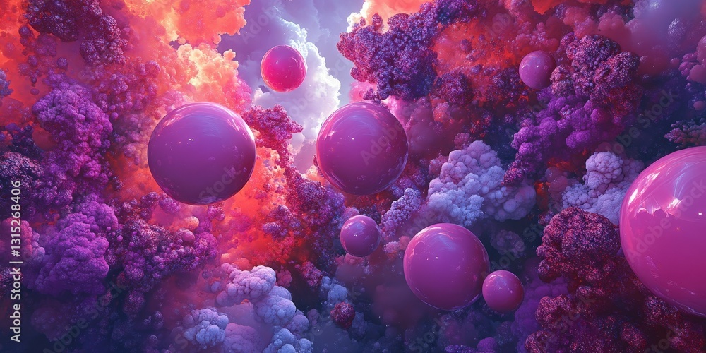 Vivid magenta spheres floating within fractal cloud structures Vivid magenta spheres floating within fractal cloud structures