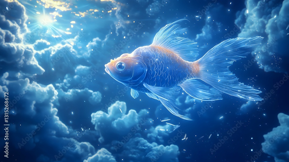 Naklejka premium Magical Glowing Fish Swimming in Blue Sky with Bright Clouds