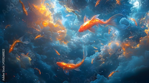 Magical Scene of Glowing Fish and Flying Dragons in Blue Sky