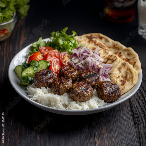 Balkan Ćevapi Plate with Rice, Pita Bread, and Fresh Salad