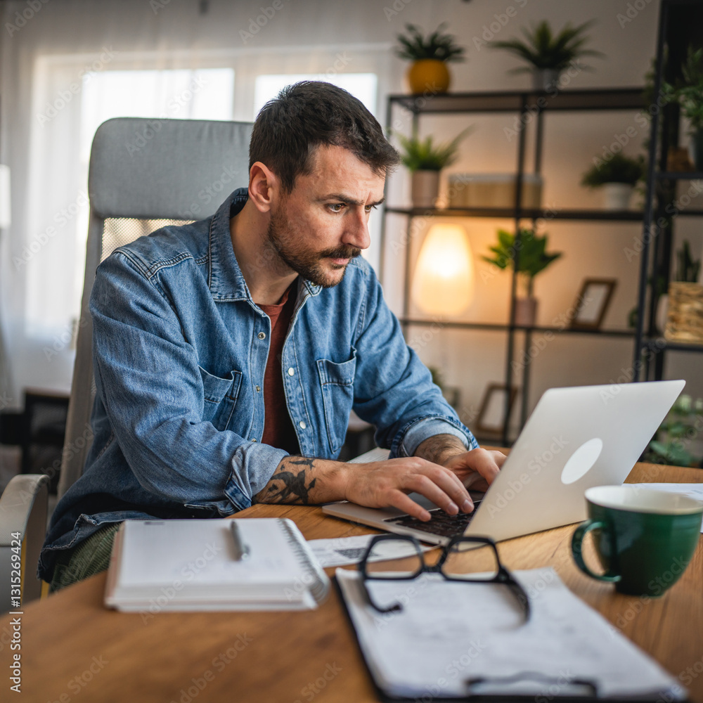 focused concentrated man work on laptop from home office focused concentrated man work on laptop from home office