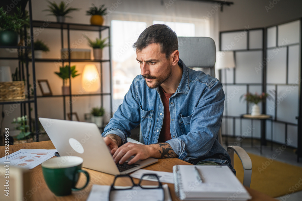 focused concentrated man work on laptop from home office focused concentrated man work on laptop from home office