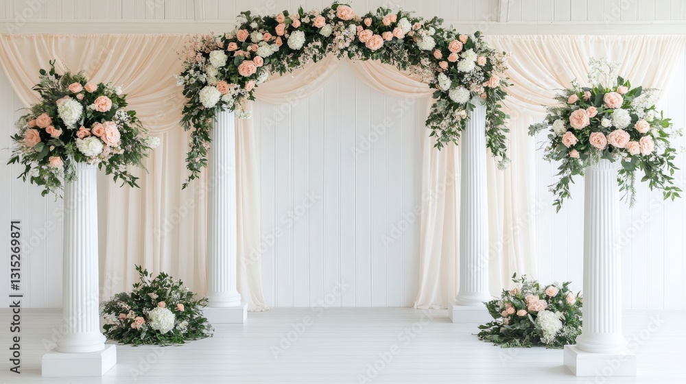 An idyllic setting with graceful white columns decorated with delicate pink blossoms, ideal for memorable events or photo sessions An idyllic setting with graceful white columns decorated with delicate pink blossoms, ideal for memorable events or photo sessions