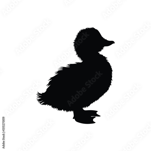 Silhouette of a Duck Standing with Wings Slightly Raised and Beak Pointing Forward. Black silhouette duck isolated on white background. 