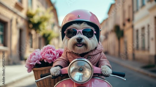 Wallpaper Mural Maltipoo dog-motorcyclist, rides in glasses and helmet on pink motorcycle with basket of peony flowers. on city street, flower delivery for holiday. Torontodigital.ca