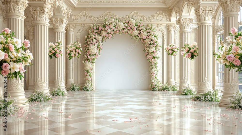 Fototapeta premium A peaceful setting with graceful columns decorated with delicate flowers, ideal for weddings or special events
