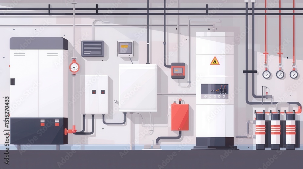 Gas and electric heating system setup in basement room with modern equipment and controls for home comfort and efficiency Gas and electric heating system setup in basement room with modern equipment and controls for home comfort and efficiency