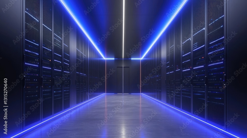 A futuristic data center with blue-lit server racks lining a sleek, dark corridor, highlighting advanced networking and cybersecurity. Ideal for IT, cloud computing, and data infrastructure A futuristic data center with blue-lit server racks lining a sleek, dark corridor, highlighting advanced networking and cybersecurity. Ideal for IT, cloud computing, and data infrastructure