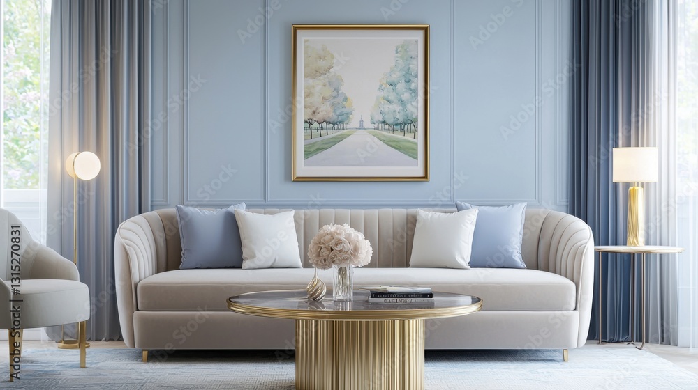Fototapeta premium Elegant neoclassical living room, muted blue walls, velvet sofa, sculptural gold coffee table, framed soft pastel park scene, heavy curtains, soft lighting