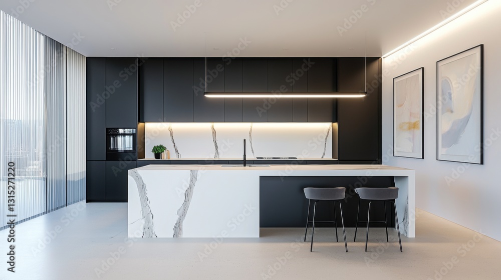 custom made wallpaper toronto digitalHigh tech minimalist kitchen, seamless matte black cabinetry, floating marble island, sculptural LED pendant, touch activated blinds, framed soft pastel
