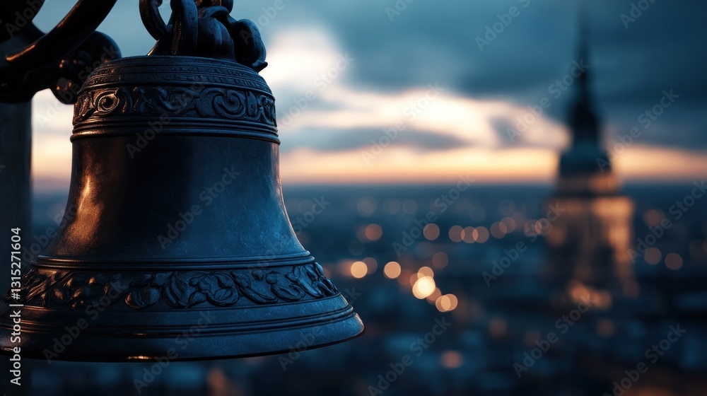 Fototapeta premium Antique bell against a twilight cityscape