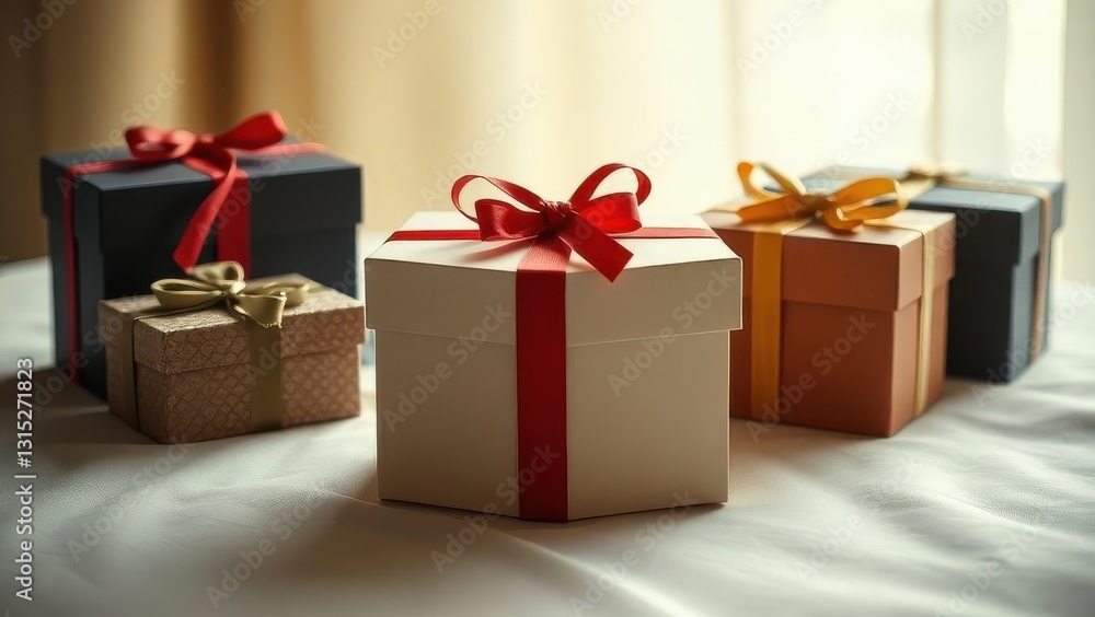 Obraz premium Gift boxes are arranged on an elegant surface, with a central box sharply focused and the background softly blurred.