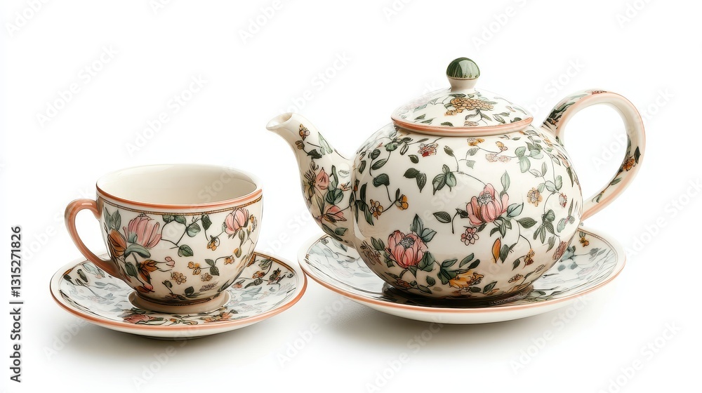 A beautifully designed ceramic teapot with a lid, placed beside a cup and saucer, on a white isolated background A beautifully designed ceramic teapot with a lid, placed beside a cup and saucer, on a white isolated background
