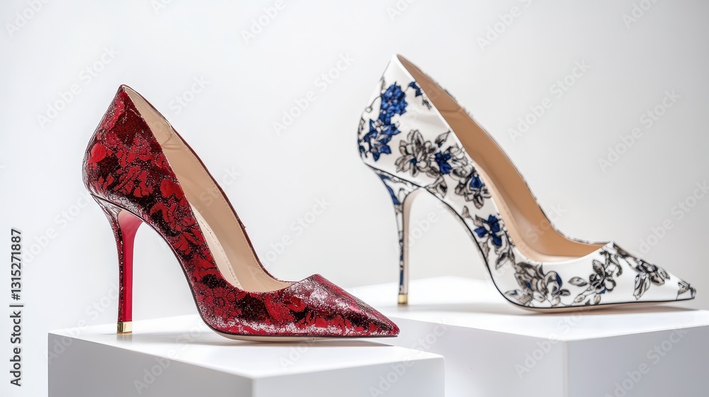 Obraz premium A pair of stylish high-heeled shoes, placed on a white surface, on a white isolated background
