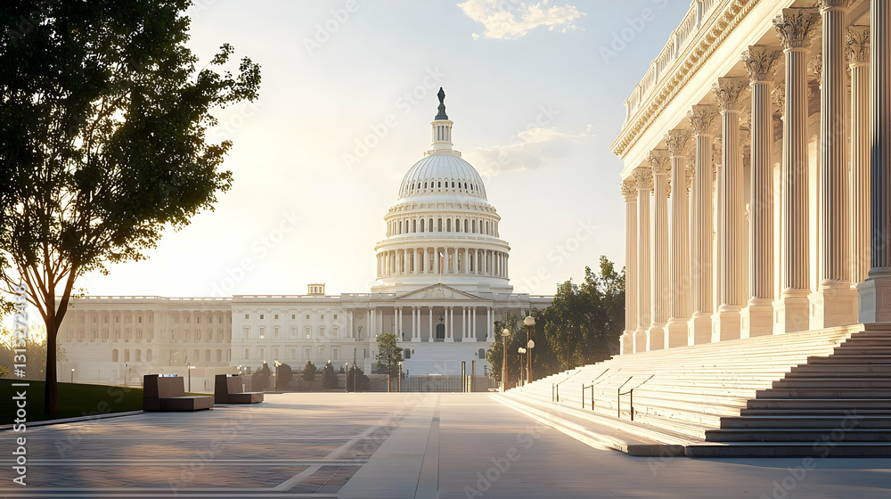 Fototapeta premium United States Capitol Building At Sunrise With Warm Golden Light Illuminating The Neoclassical Architecture And American Flag