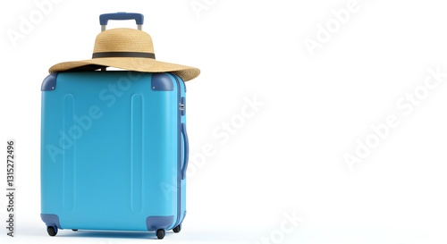 Blue Luggage With Summer Hat Isolated on white background photo