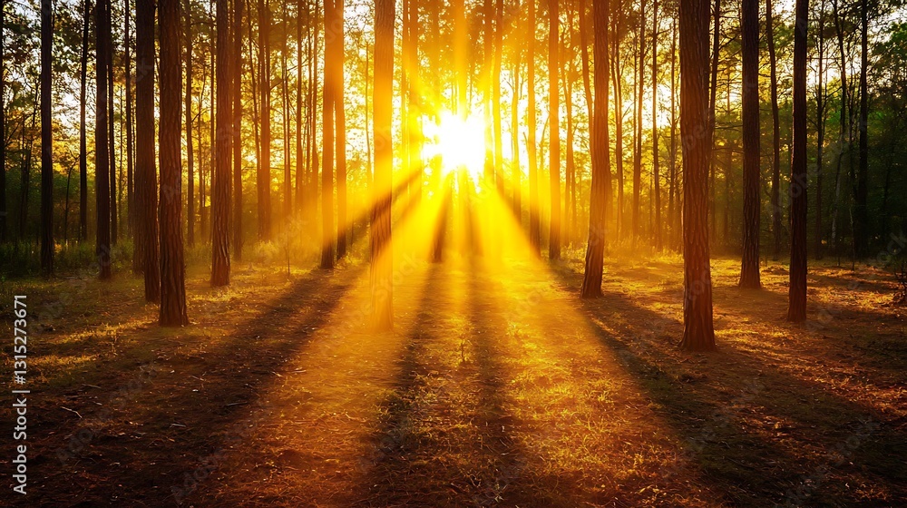 Fototapeta premium A tranquil woodland scene as the first rays of sunlight pierce through the thick forest, illuminating the lush greenery.