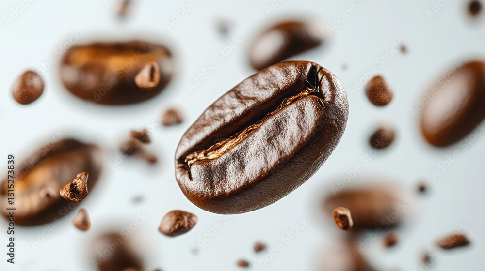 Flying coffee beans against a white background, studio photography, focus. Flying coffee beans against a white background, studio photography, focus.