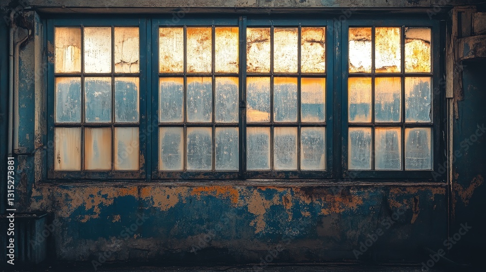 Sunset Light Through Weathered Industrial Window in Abandoned Building Sunset Light Through Weathered Industrial Window in Abandoned Building